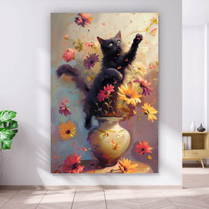 Spannrahmenbild Verspielte Katze zwischen Blumen Hochformat