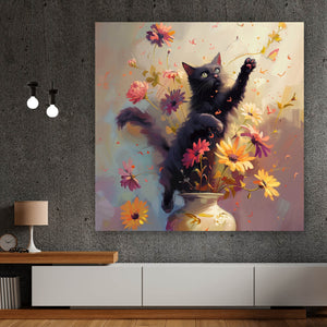 Spannrahmenbild Verspielte Katze zwischen Blumen Quadrat