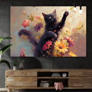 Spannrahmenbild Verspielte Katze zwischen Blumen Querformat