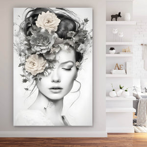 Aluminiumbild Verträumte Frau mit Blumenkranz Hochformat