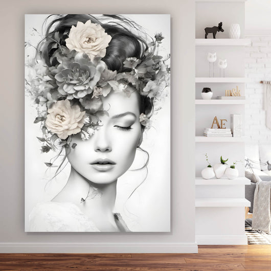 Aluminiumbild Verträumte Frau mit Blumenkranz Hochformat
