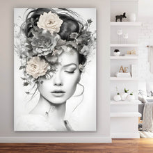 Lade das Bild in den Galerie-Viewer, Aluminiumbild gebürstet Verträumte Frau mit Blumenkranz Hochformat
