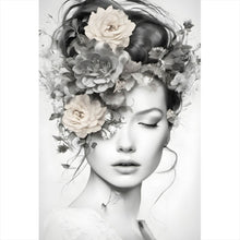 Lade das Bild in den Galerie-Viewer, Aluminiumbild gebürstet Verträumte Frau mit Blumenkranz Hochformat
