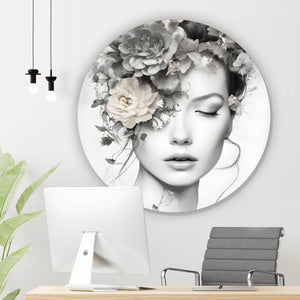 Aluminiumbild Verträumte Frau mit Blumenkranz Kreis