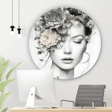 Lade das Bild in den Galerie-Viewer, Aluminiumbild gebürstet Verträumte Frau mit Blumenkranz Kreis
