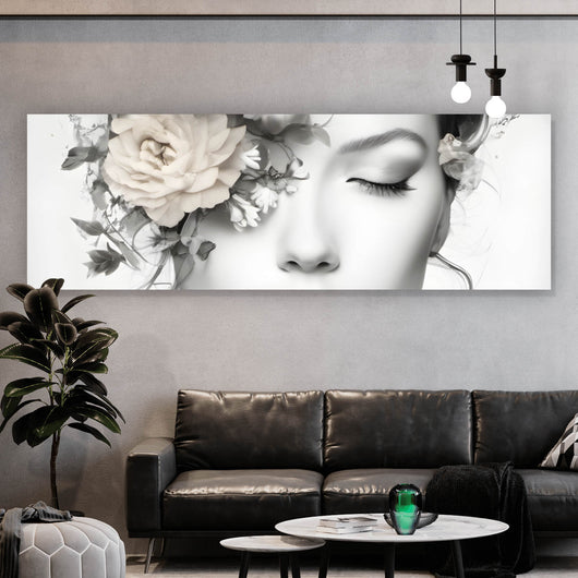 Spannrahmenbild Verträumte Frau mit Blumenkranz Panorama