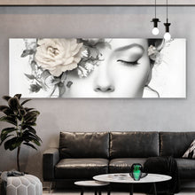 Lade das Bild in den Galerie-Viewer, Aluminiumbild gebürstet Verträumte Frau mit Blumenkranz Panorama

