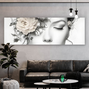 Aluminiumbild Verträumte Frau mit Blumenkranz Panorama
