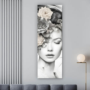 Aluminiumbild Verträumte Frau mit Blumenkranz Panorama Hoch