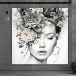 Acrylglasbild Verträumte Frau mit Blumenkranz Quadrat