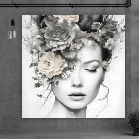 Poster Verträumte Frau mit Blumenkranz Quadrat
