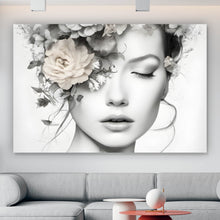 Lade das Bild in den Galerie-Viewer, Aluminiumbild gebürstet Verträumte Frau mit Blumenkranz Querformat
