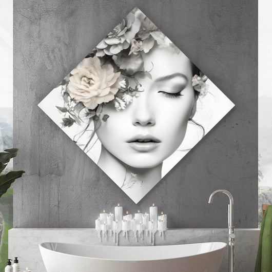 Aluminiumbild Verträumte Frau mit Blumenkranz Raute