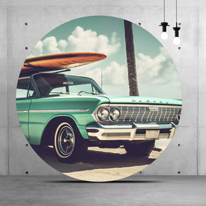 Aluminiumbild Vintage Auto mit Surfbrett am Strand Kreis