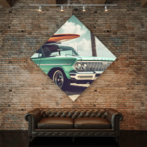 Aluminiumbild Vintage Auto mit Surfbrett am Strand Raute