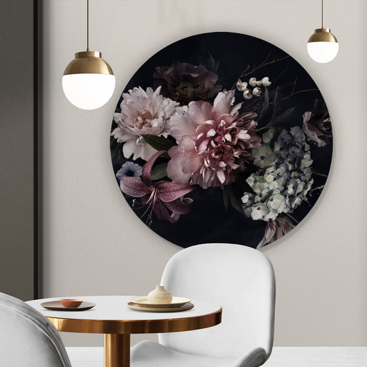 Aluminiumbild gebürstet Vintage Blumen auf schwarzem Hintergrund Kreis