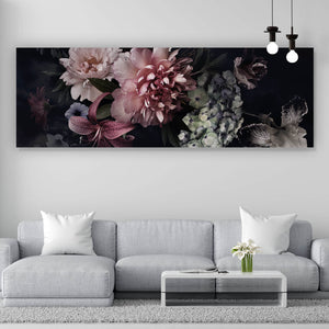 Leinwandbild Vintage Blumen auf schwarzem Hintergrund Panorama
