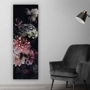 Leinwandbild Vintage Blumen auf schwarzem Hintergrund Panorama Hoch