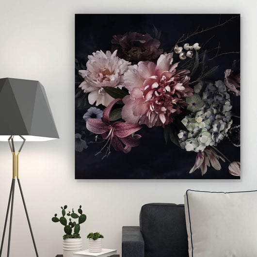 Aluminiumbild Vintage Blumen auf schwarzem Hintergrund Quadrat