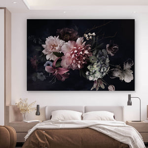 Leinwandbild Vintage Blumen auf schwarzem Hintergrund Querformat