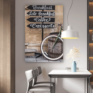 Aluminiumbild Vintage Fahrrad Breakfast Hochformat