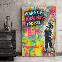 Lade das Bild in den Galerie-Viewer, Leinwandbild Wake up kick ass repeat Pop Art Hochformat
