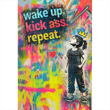 Lade das Bild in den Galerie-Viewer, Aluminiumbild gebürstet Wake up kick ass repeat Pop Art Hochformat
