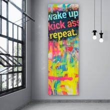 Lade das Bild in den Galerie-Viewer, Leinwandbild Wake up kick ass repeat Pop Art Panorama Hoch
