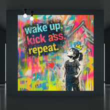 Lade das Bild in den Galerie-Viewer, Aluminiumbild gebürstet Wake up kick ass repeat Pop Art Quadrat
