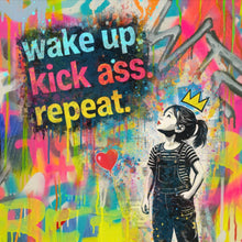 Lade das Bild in den Galerie-Viewer, Acrylglasbild Wake up kick ass repeat Pop Art Quadrat
