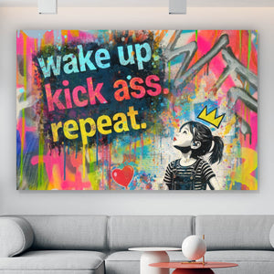 Leinwandbild Wake up kick ass repeat Pop Art Querformat