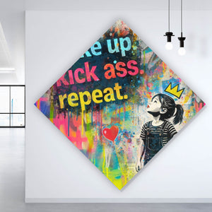 Leinwandbild Wake up kick ass repeat Pop Art Raute