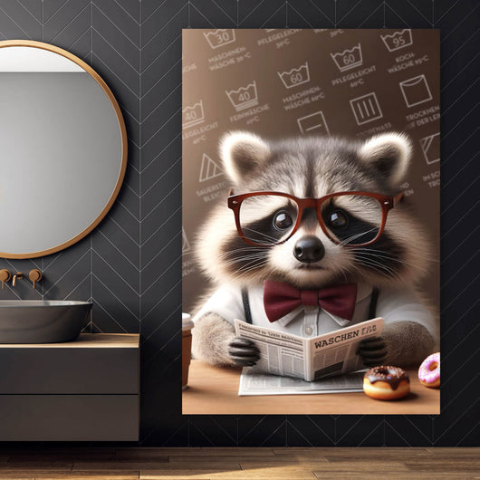 Spannrahmenbild Waschbär liest Zeitung Digital Art Hochformat