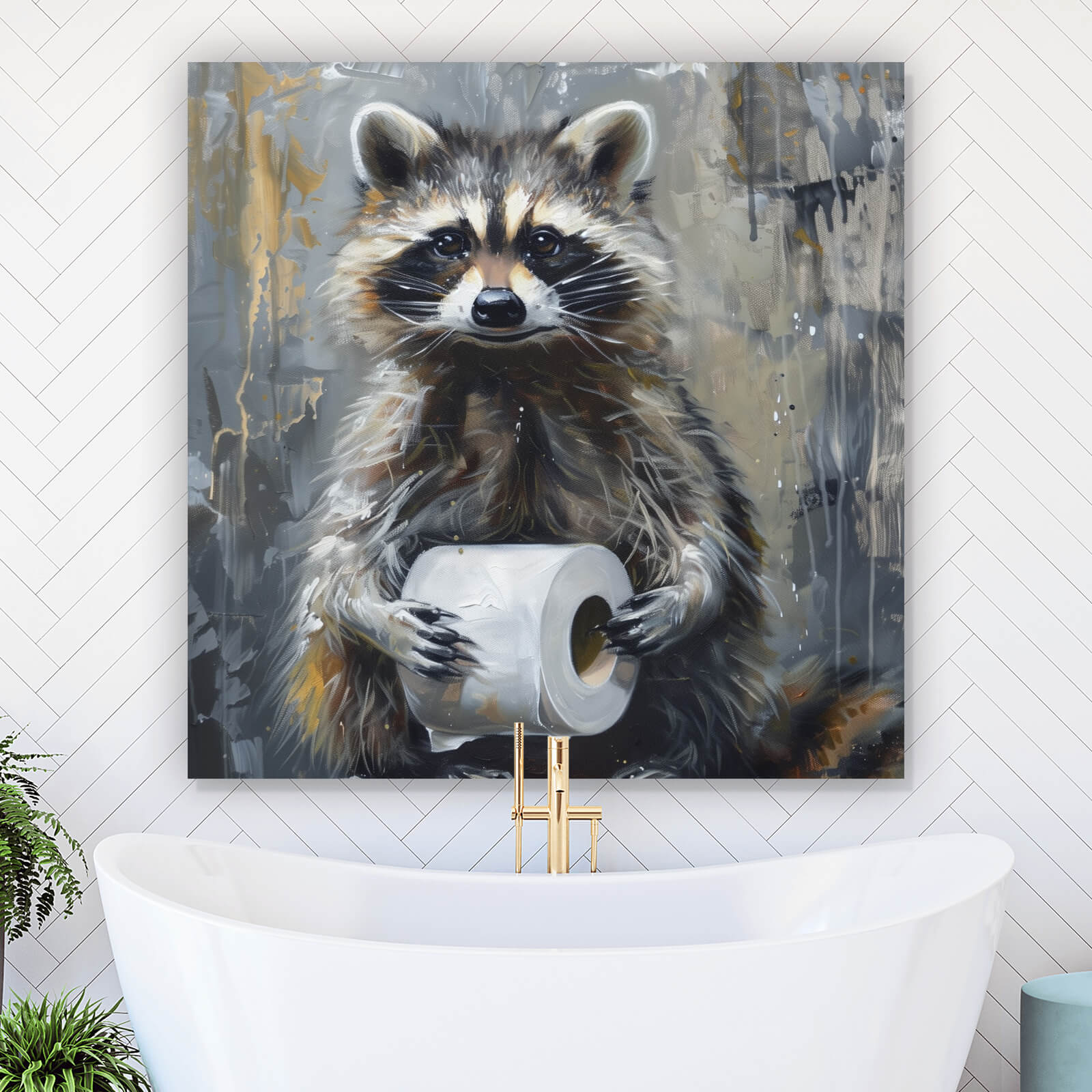 leinwandbild waschbär mit toilettenpapier quadrat