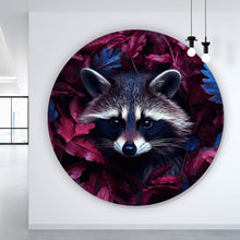 Lade das Bild in den Galerie-Viewer, Aluminiumbild gebürstet Waschbär zwischen Blättern Kreis
