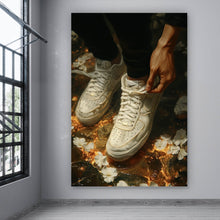 Lade das Bild in den Galerie-Viewer, Leinwandbild Weiße Sneaker auf glühendem blumenbedecktem Boden Hochformat
