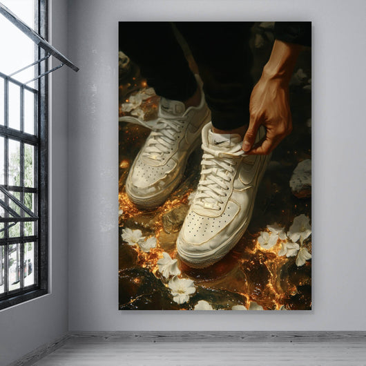 Leinwandbild Weiße Sneaker auf glühendem blumenbedecktem Boden Hochformat