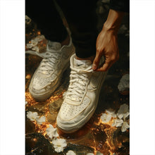 Lade das Bild in den Galerie-Viewer, Leinwandbild Weiße Sneaker auf glühendem blumenbedecktem Boden Hochformat
