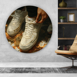 Aluminiumbild gebürstet Weiße Sneaker auf glühendem blumenbedecktem Boden Kreis