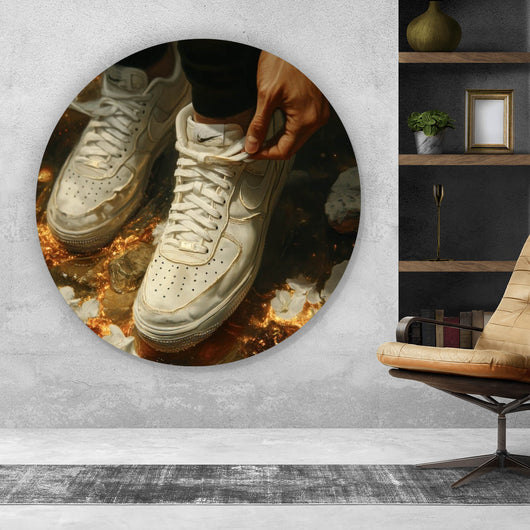 Aluminiumbild gebürstet Weiße Sneaker auf glühendem blumenbedecktem Boden Kreis