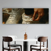 Lade das Bild in den Galerie-Viewer, Acrylglasbild Weiße Sneaker auf glühendem blumenbedecktem Boden Panorama
