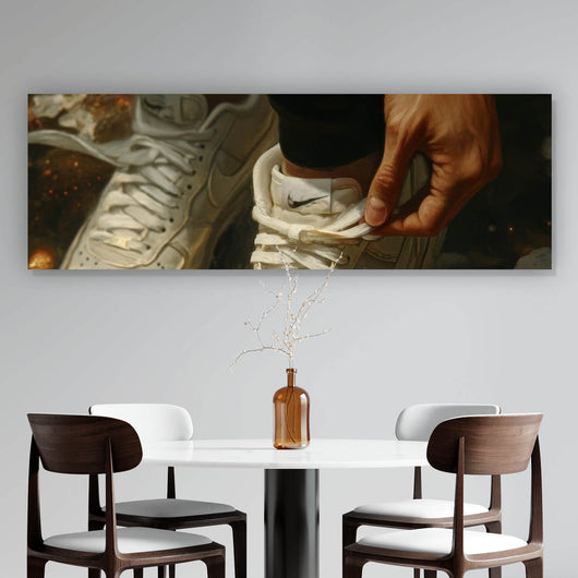 Acrylglasbild Weiße Sneaker auf glühendem blumenbedecktem Boden Panorama