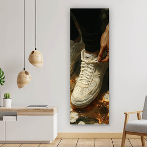 Leinwandbild Weiße Sneaker auf glühendem blumenbedecktem Boden Panorama Hoch