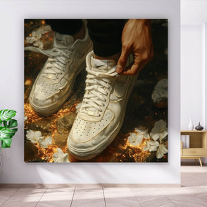 Leinwandbild Weiße Sneaker auf glühendem blumenbedecktem Boden Quadrat