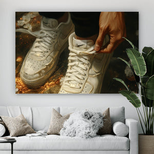 Leinwandbild Weiße Sneaker auf glühendem blumenbedecktem Boden Querformat