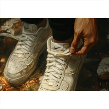 Lade das Bild in den Galerie-Viewer, Aluminiumbild Weiße Sneaker auf glühendem blumenbedecktem Boden Querformat
