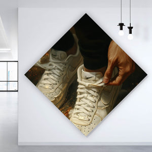 Leinwandbild Weiße Sneaker auf glühendem blumenbedecktem Boden Raute