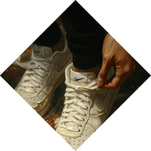Lade das Bild in den Galerie-Viewer, Acrylglasbild Weiße Sneaker auf glühendem blumenbedecktem Boden Raute
