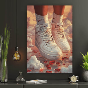 Spannrahmenbild Weiße Sneaker schweben über Wolken und Rosenblättern Hochformat