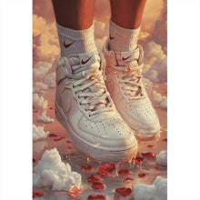 Lade das Bild in den Galerie-Viewer, Aluminiumbild gebürstet Weiße Sneaker schweben über Wolken und Rosenblättern Hochformat
